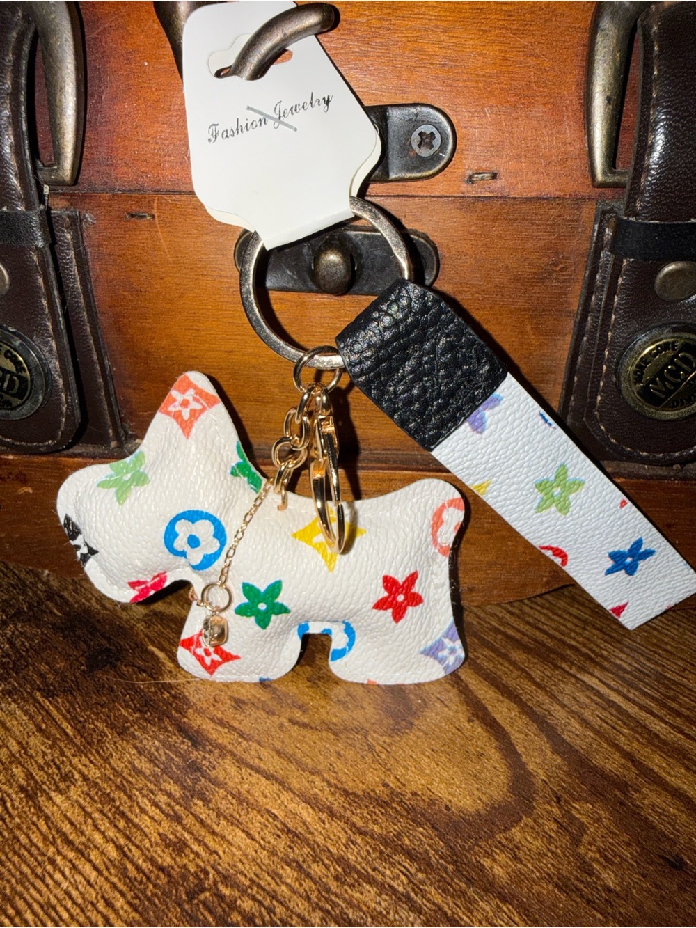 Monogram multicolor floral Scottie puppy dog keychain bag charm white